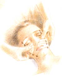 Pasa horizontalmente los pulgares por encima de las cejas y sienes y luego, comenzando a ambos lados del puente de la nariz desliza los pulgares sobre las mejillas. Continúa hasta que llegues a la barbilla. Pasa horizontalmente los pulgares por encima de las cejas y sienes y luego, comenzando a ambos lados del puente de la nariz desliza los pulgares sobre las mejillas. Continúa hasta que llegues a la barbilla.