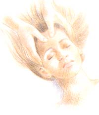 Pon los dedos sobre las sienes y los pulgares en el centro de la frente justo encima de las cejas. Lentamente separa los pulgares ejerciendo una presión firme. Continúa hasta que llegues a la línea del cuero cabelludo. Pon los dedos sobre las sienes y los pulgares en el centro de la frente justo encima de las cejas. Lentamente separa los pulgares ejerciendo una presión firme. Continúa hasta que llegues a la línea del cuero cabelludo.