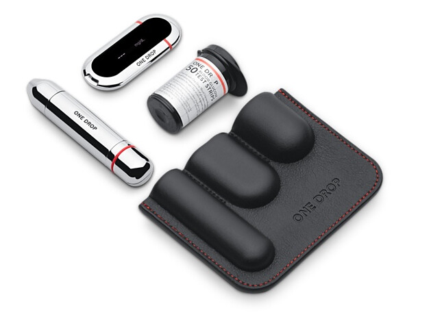 Un kit glucómetro, reactivos de glucosa en la sangre